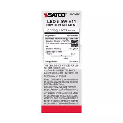 Satco S21280 - 5.5 Watt B11 Frosted LED Light Bulb - 4000K - 90CRI (6 Pack)