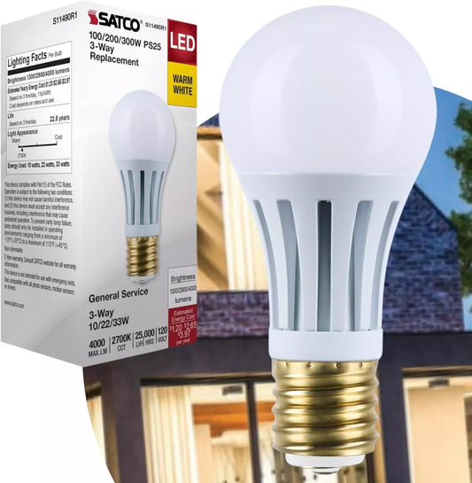 Satco S11490R1 - 10/22/33 Wattage Selectable PS25 LED Three-Way Lamp - E39d Mogul Base - 2700K - White Finish - 120 Volt