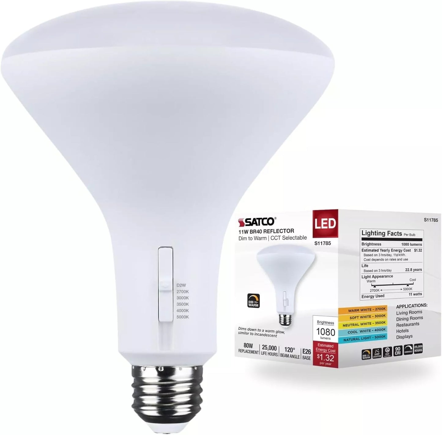 Satco S11785 - 11 Watt BR40 LED - CCT Selectable - Dim to Warm - 120 Volts