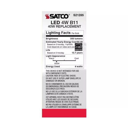 Satco S21285 - 4 Watt B11 LED Light Bulb - 3000K - 90CRI - 120 Volt (6 Pack)