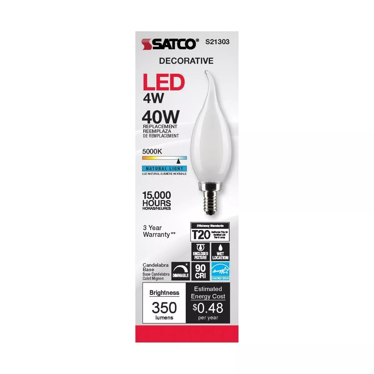 Satco S21303 - 4 Watt CA10 LED Frosted Light Bulb - 5000K - 90CRI (6 Pack)