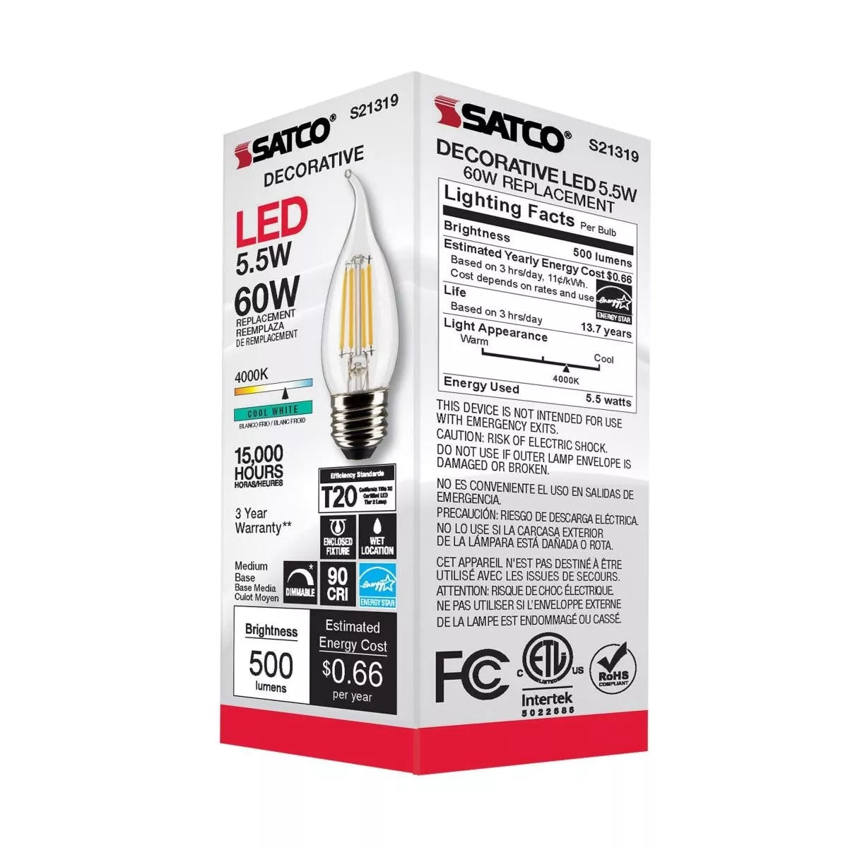 Satco S21319 - 5.5 Watt CA10 LED Light Bulb - 4000K - 90CRI - 120 Volt (6 Pack)