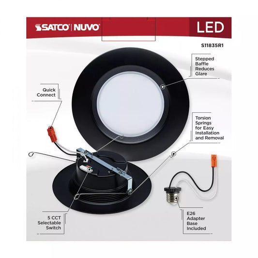 Satco S11835R1 9W 120V LED 5-6" Black Downlight Retrofit Kit CCT Selectable Dimmable