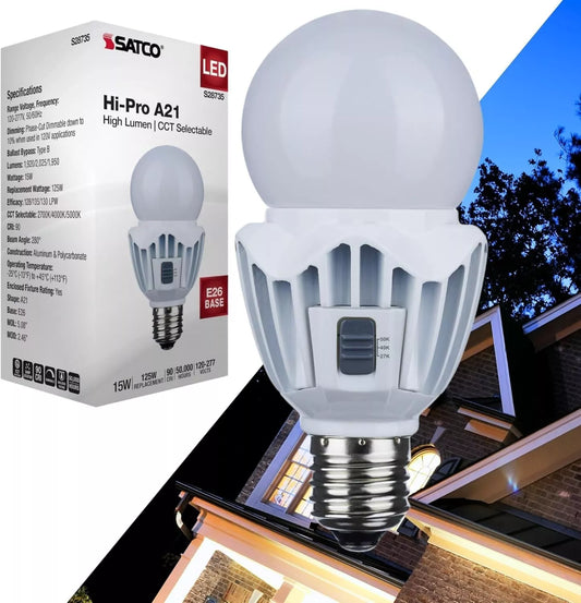 Satco S28735 - 15 Watt LED A21 High Lumen Output - 27K/40K/50K CCT Selectable - Medium Base - White Finish - 120V-277V