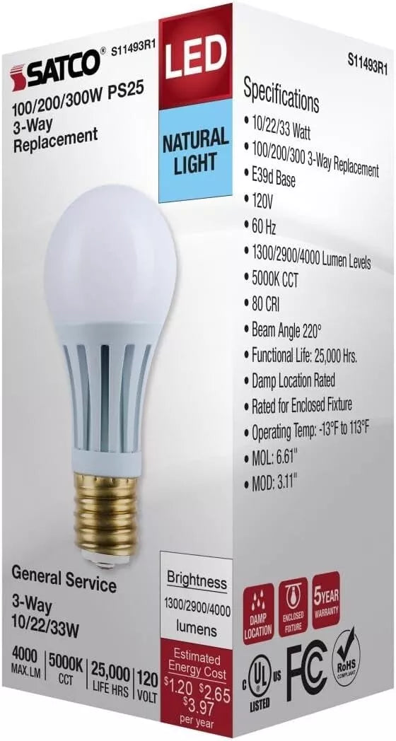 Satco S11493R1 - 10/22/33 Wattage Selectable PS25 LED Three-Way Lamp - E39d Mogul Base - 5000K - White Finish - 120 Volt