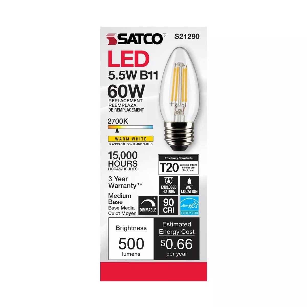 Satco S21290 - 5.5 Watt B11 LED Light Bulb - 2700K - 90CRI - 120 Volt (6 Pack)