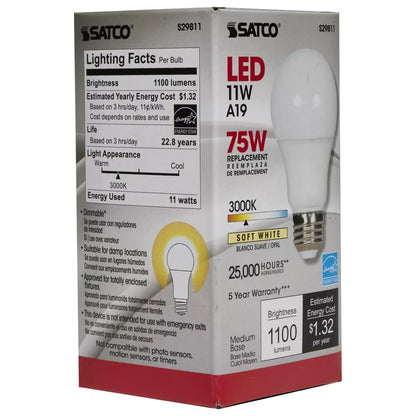 Satco S29811 - 11 Watt A19 LED Bulb - 3000K - Medium base (6 Pack)