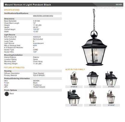 Kichler 9804BK - Mount Vernon 4 Light Pendant Fixture in Black