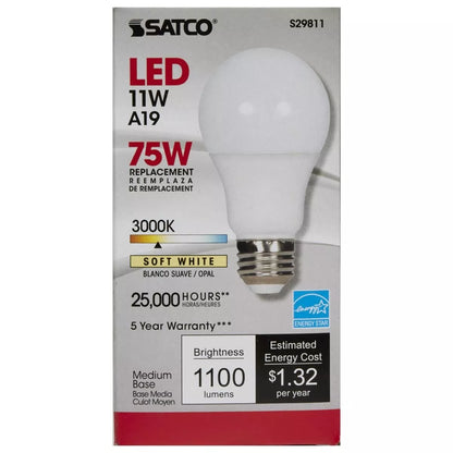 Satco S29811 - 11 Watt A19 LED Bulb - 3000K - Medium base (6 Pack)