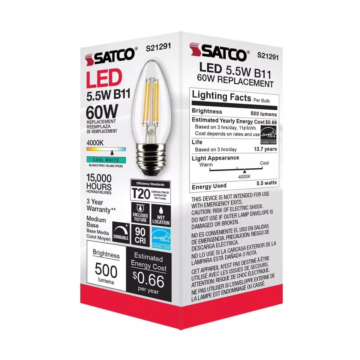 Satco S21291 - 5.5 Watt B11 LED Light Bulb - 4000K - 90CRI - 120 Volt (6 Pack)