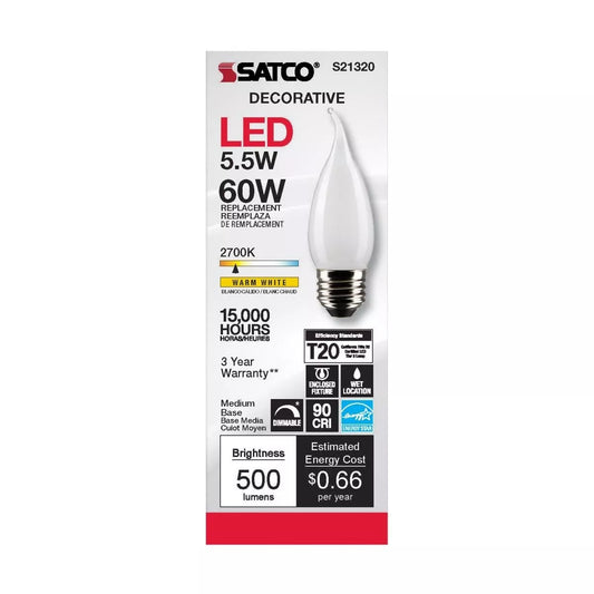 Satco S21320 - 5.5 Watt CA10 LED Frosted Light Bulb - 2700K - 90CRI (6 Pack)