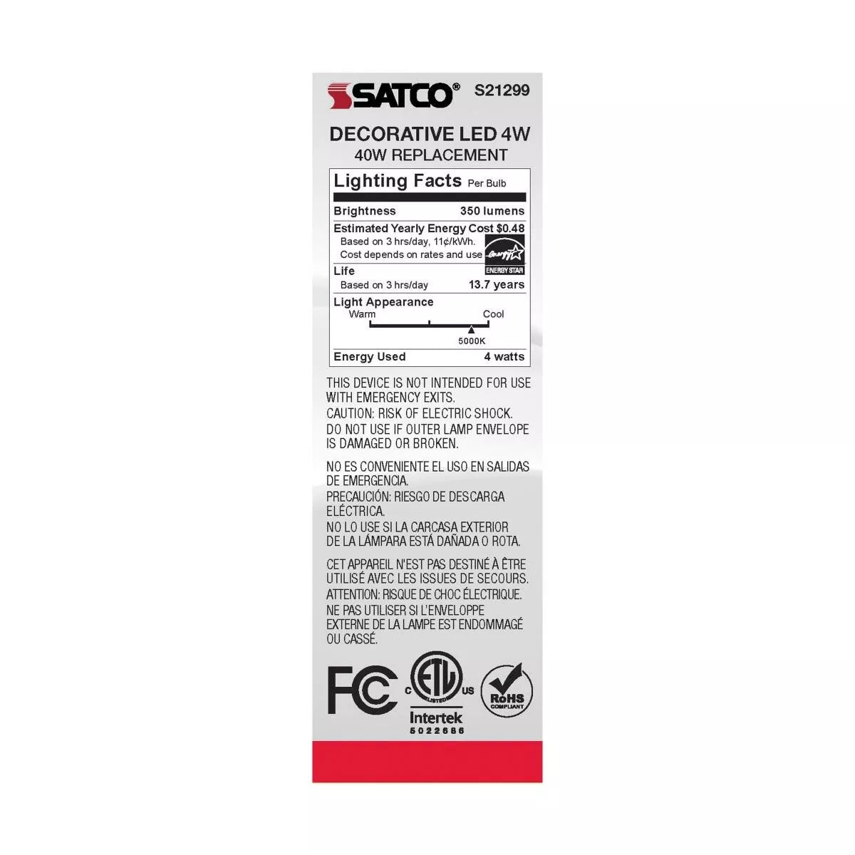 Satco S21299 - 4 Watt CA10 LED Light Bulb - 5000K - 90CRI - 120 Volt (6 Pack)