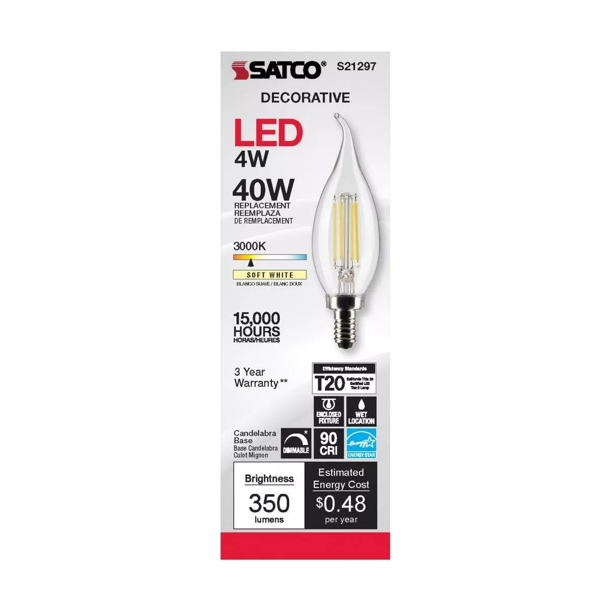 Satco S21297 - 4 Watt CA10 LED Light Bulb - 3000K - 90CRI - 120 Volt (6 Pack)