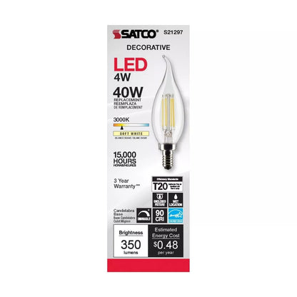 Satco S21297 - 4 Watt CA10 LED Light Bulb - 3000K - 90CRI - 120 Volt (6 Pack)