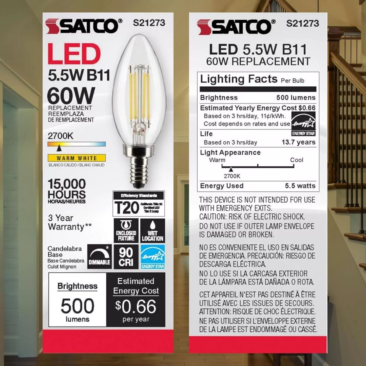 Satco S21273 - 5.5 Watt B11 LED Light Bulb - 2700K - 90CRI - 120 Volt