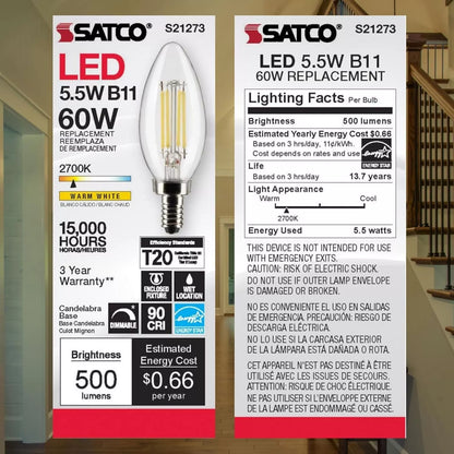 Satco S21273 - 5.5 Watt B11 LED Light Bulb - 2700K - 90CRI - 120 Volt