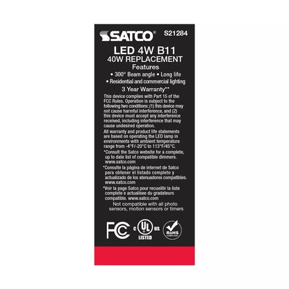 Satco S21284 - 4 Watt B11 LED Light Bulb - 2700K - 90CRI - 120 Volt (6 Pack)