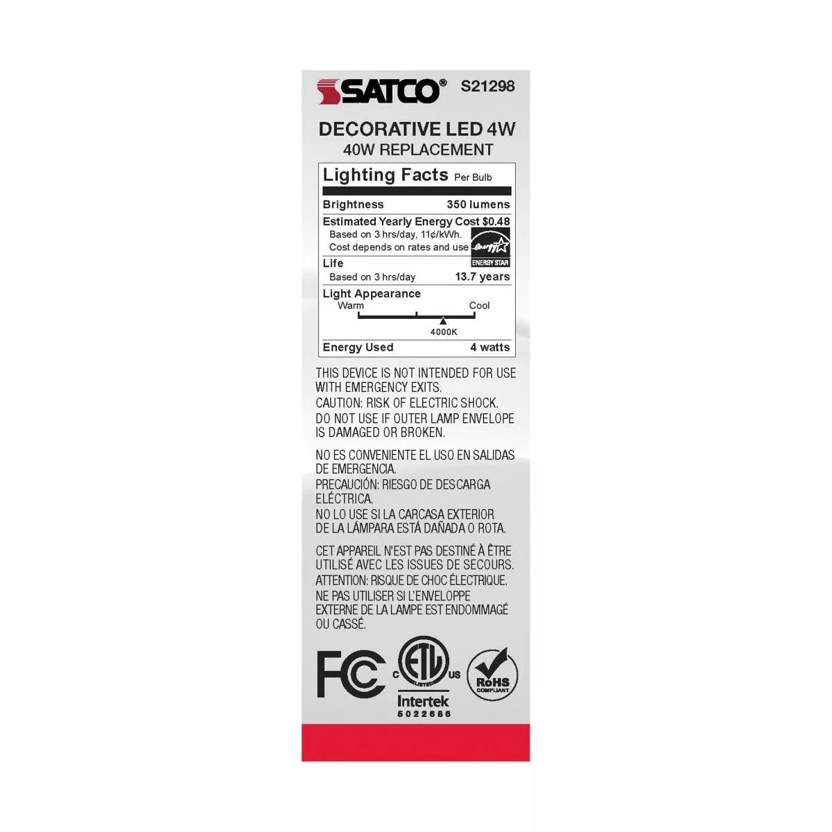 Satco S21298 - 4 Watt CA10 LED Light Bulb - 4000K - 90CRI - 120 Volt (6 Pack)