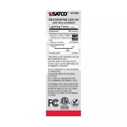 Satco S21298 - 4 Watt CA10 LED Light Bulb - 4000K - 90CRI - 120 Volt (6 Pack)