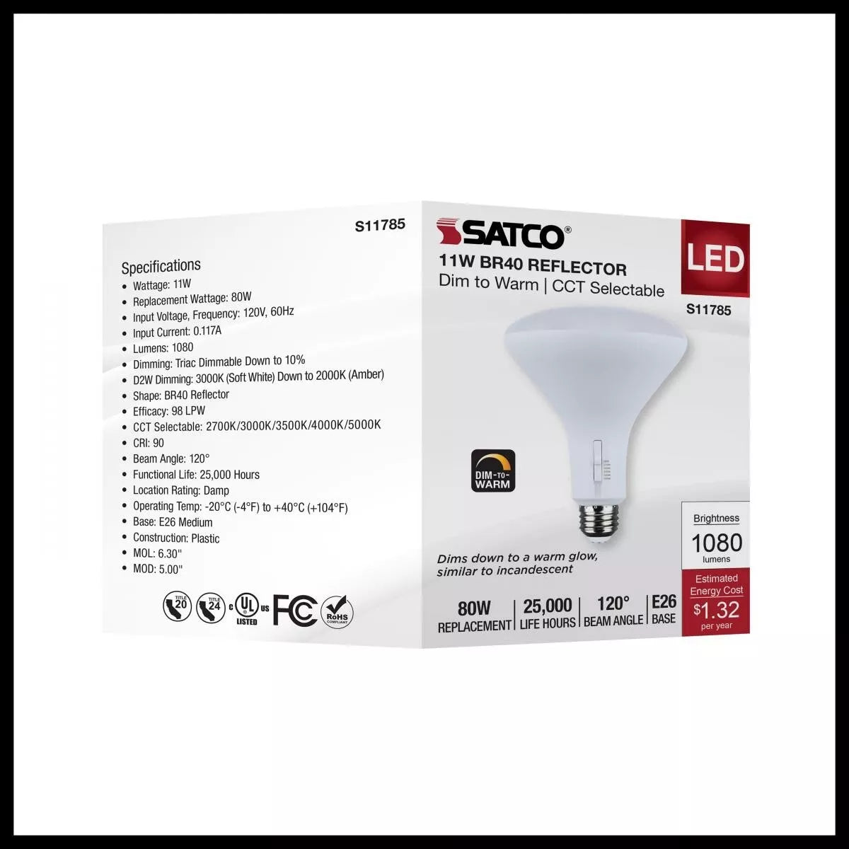 Satco S11785 - 11 Watt BR40 LED - CCT Selectable - Dim to Warm - 120 Volts