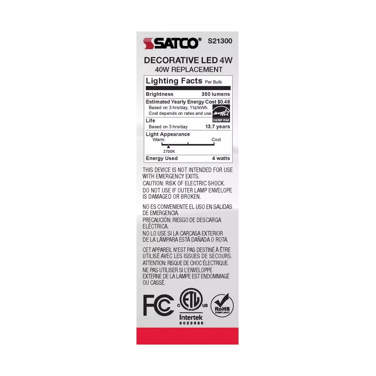 Satco S21300 - 4 Watt CA10 LED Frosted Light Bulb - 2700K - 90CRI (6 Pack)