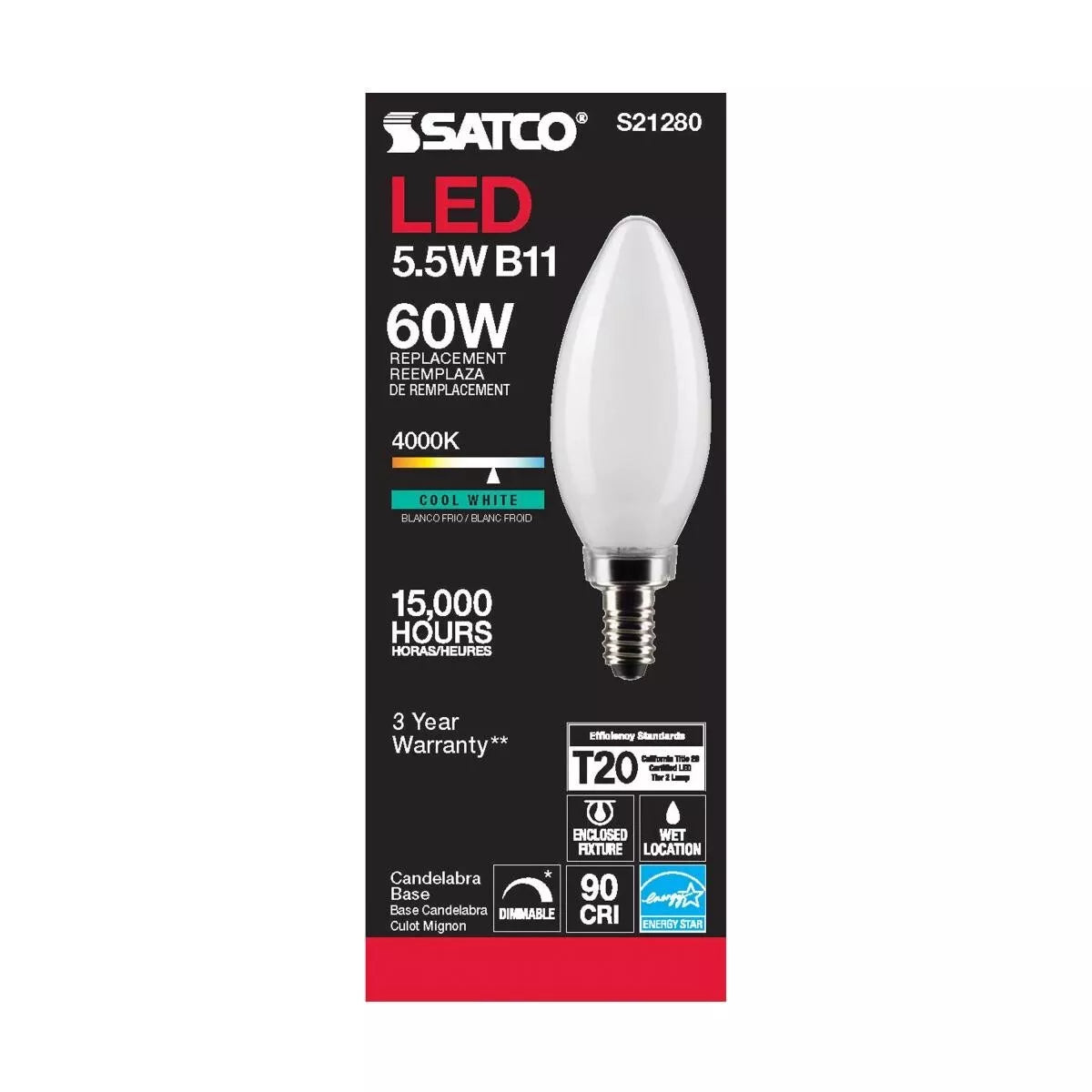 Satco S21280 - 5.5 Watt B11 Frosted LED Light Bulb - 4000K - 90CRI (6 Pack)