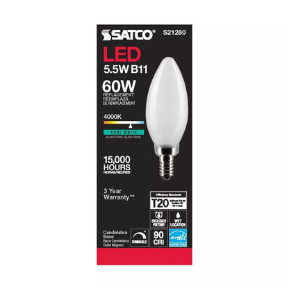 Satco S21280 - 5.5 Watt B11 Frosted LED Light Bulb - 4000K - 90CRI (6 Pack)