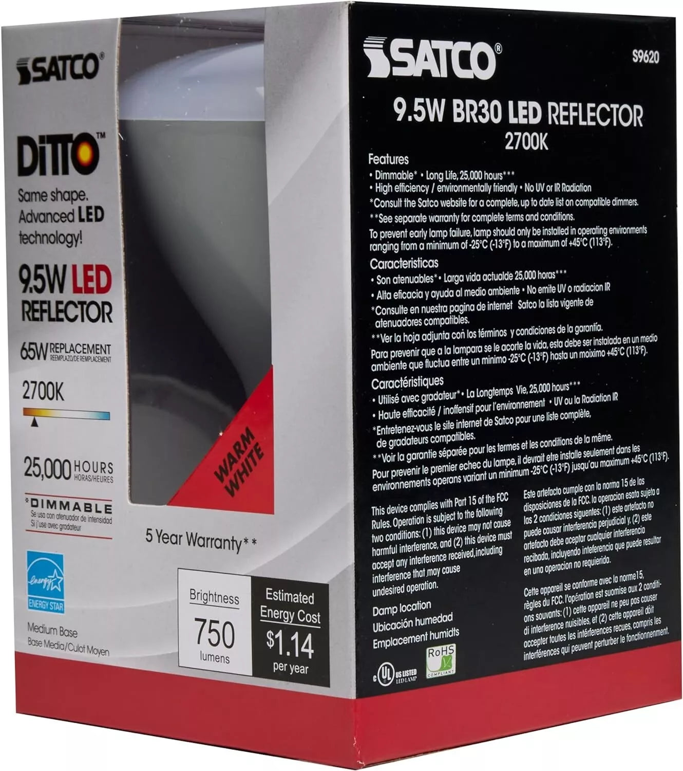 SATCO S9620 - 9.5 Watt BR30 Dimmable LED Light Bulb - 2700K (6 Pack)