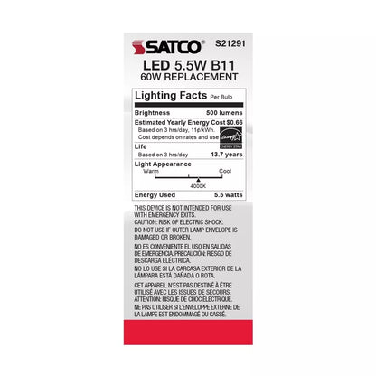 Satco S21291 - 5.5 Watt B11 LED Light Bulb - 4000K - 90CRI - 120 Volt (6 Pack)