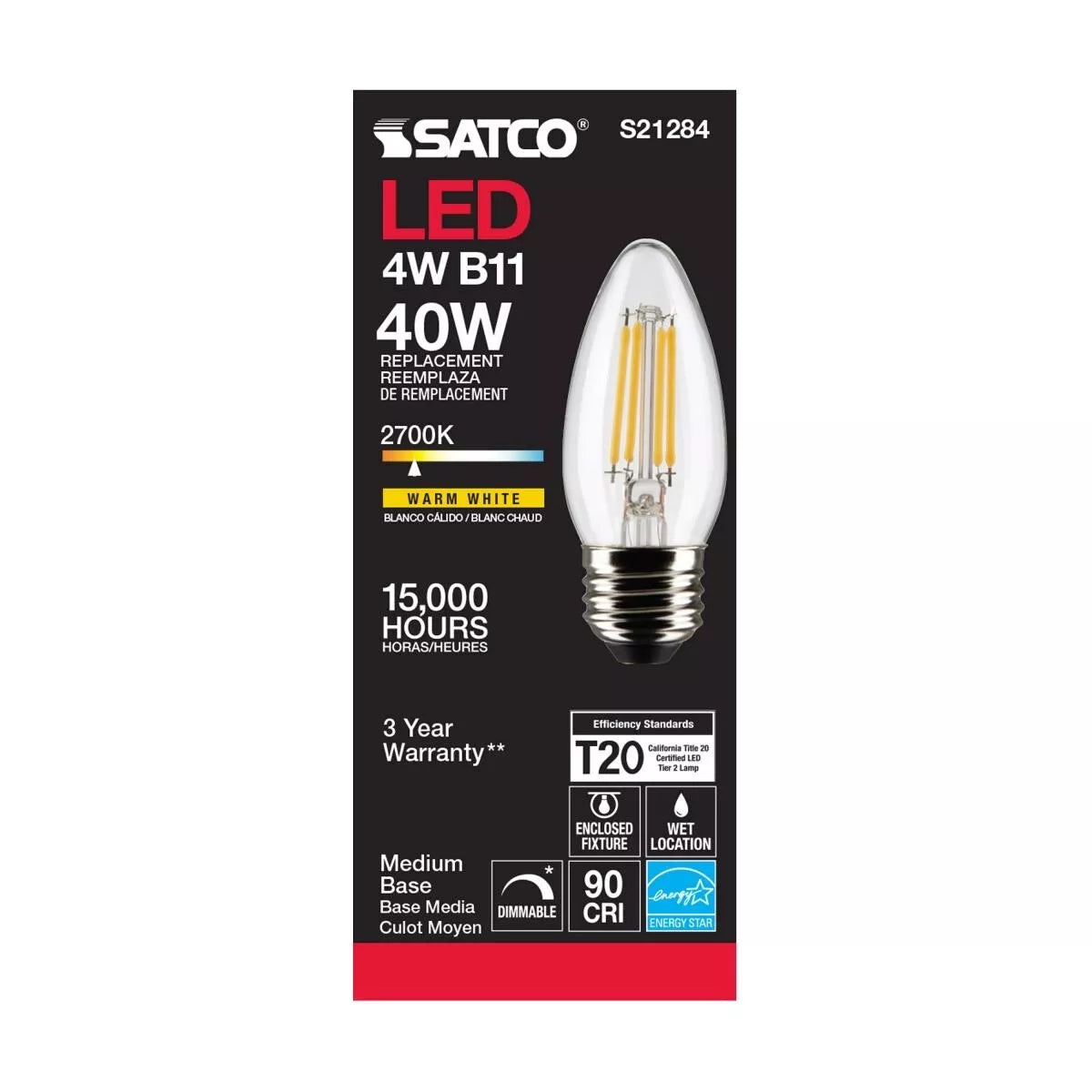 Satco S21284 - 4 Watt B11 LED Light Bulb - 2700K - 90CRI - 120 Volt (6 Pack)