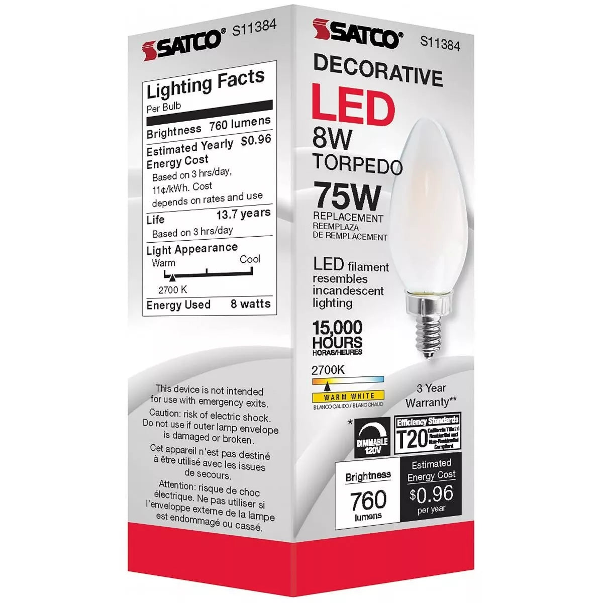 Satco S11384 - 8 Watt C11 LED Frosted Light Bulb - 2700K - 90CRI (6 Pack)