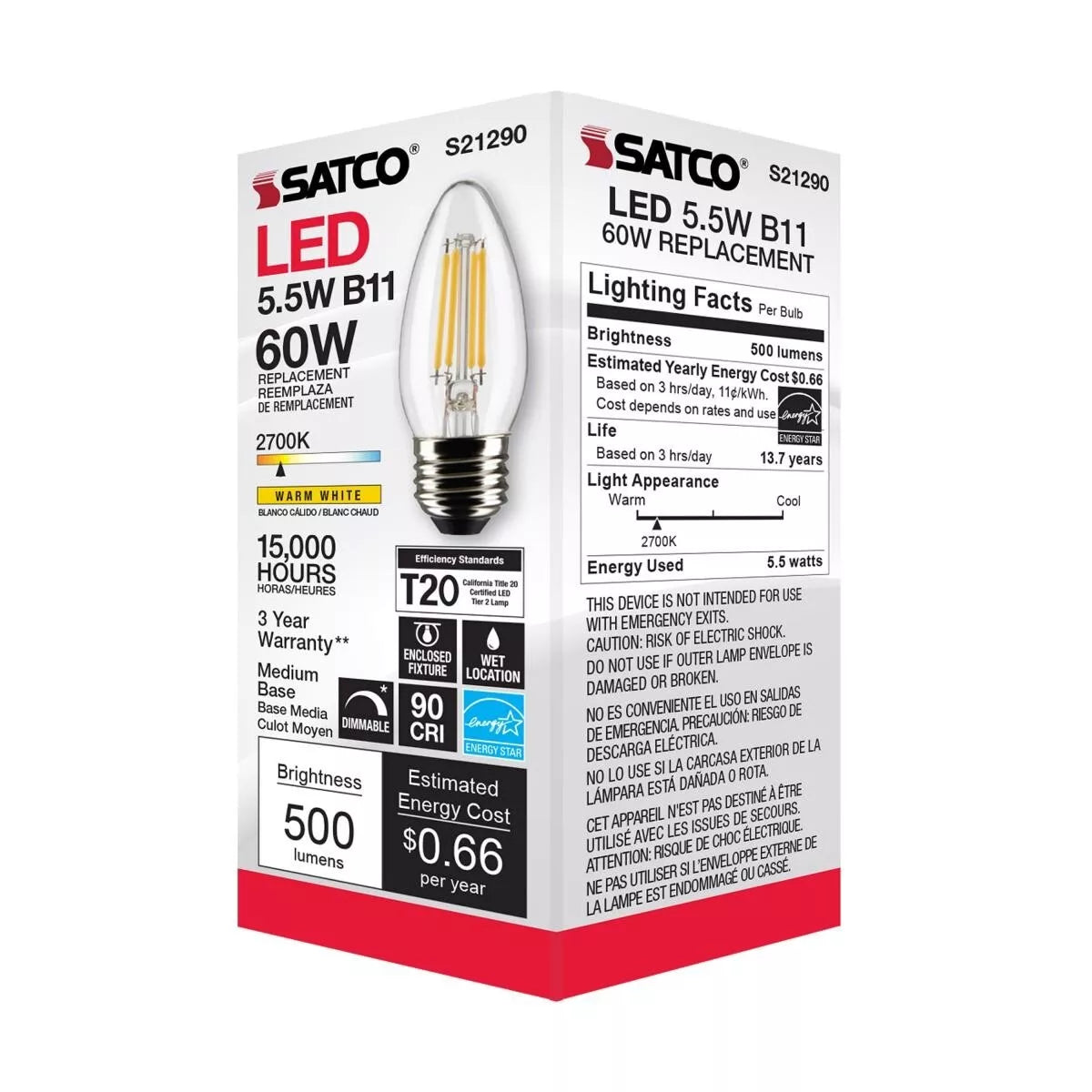 Satco S21290 - 5.5 Watt B11 LED Light Bulb - 2700K - 90CRI - 120 Volt (6 Pack)