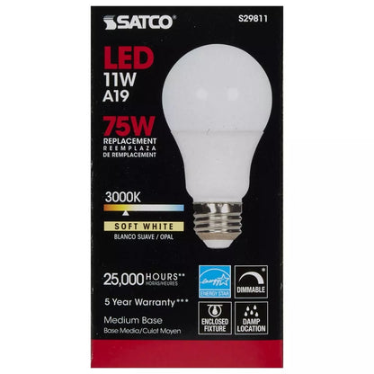 Satco S29811 - 11 Watt A19 LED Bulb - 3000K - Medium base (6 Pack)