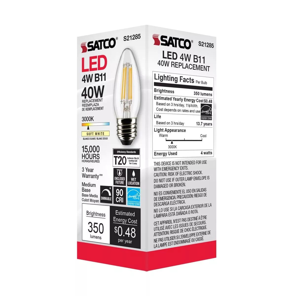 Satco S21285 - 4 Watt B11 LED Light Bulb - 3000K - 90CRI - 120 Volt (6 Pack)