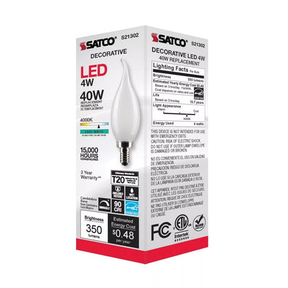 Satco S21302 - 4 Watt CA10 LED Frosted Light Bulb - 4000K - 90CRI (6 Pack)