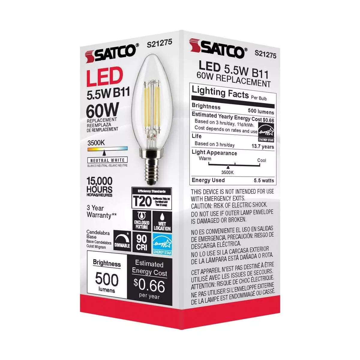 Satco S21275 - 5.5 Watt B11 LED Light Bulb - 3500K - 90CRI - 120 Volt (6 Pack)