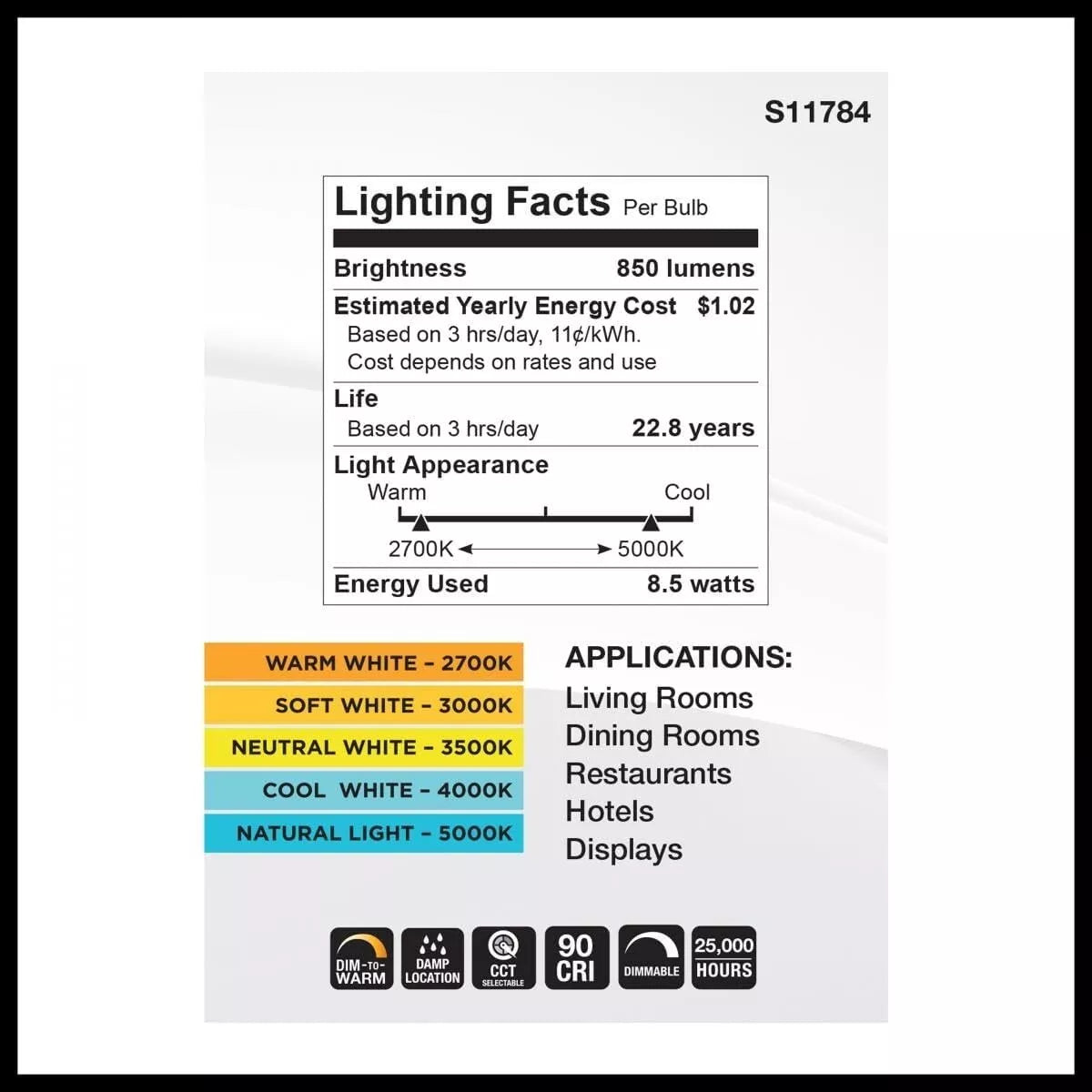 Satco S11784 - 8.5 Watt BR30 LED - CCT Selectable - Dim to Warm - 120 Volts