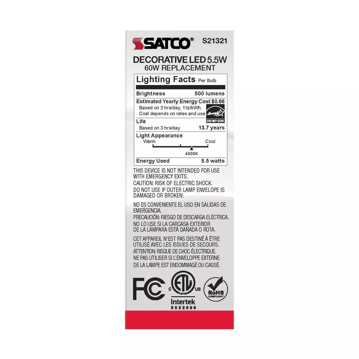 Satco S21321 - 5.5 Watt CA10 LED Frosted Light Bulb - 4000K - 90CRI (6 Pack)