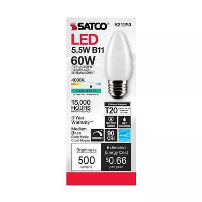 Satco S21293 - 5.5 Watt B11 LED Frosted Light Bulb - 4000K - 90CRI (6 Pack)