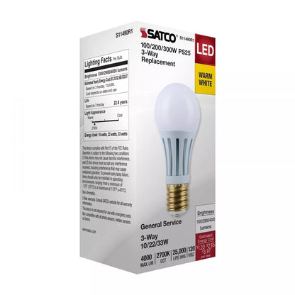 Satco S11490R1 - 10/22/33 Wattage Selectable PS25 LED Three-Way Lamp - E39d Mogul Base - 2700K - White Finish - 120 Volt