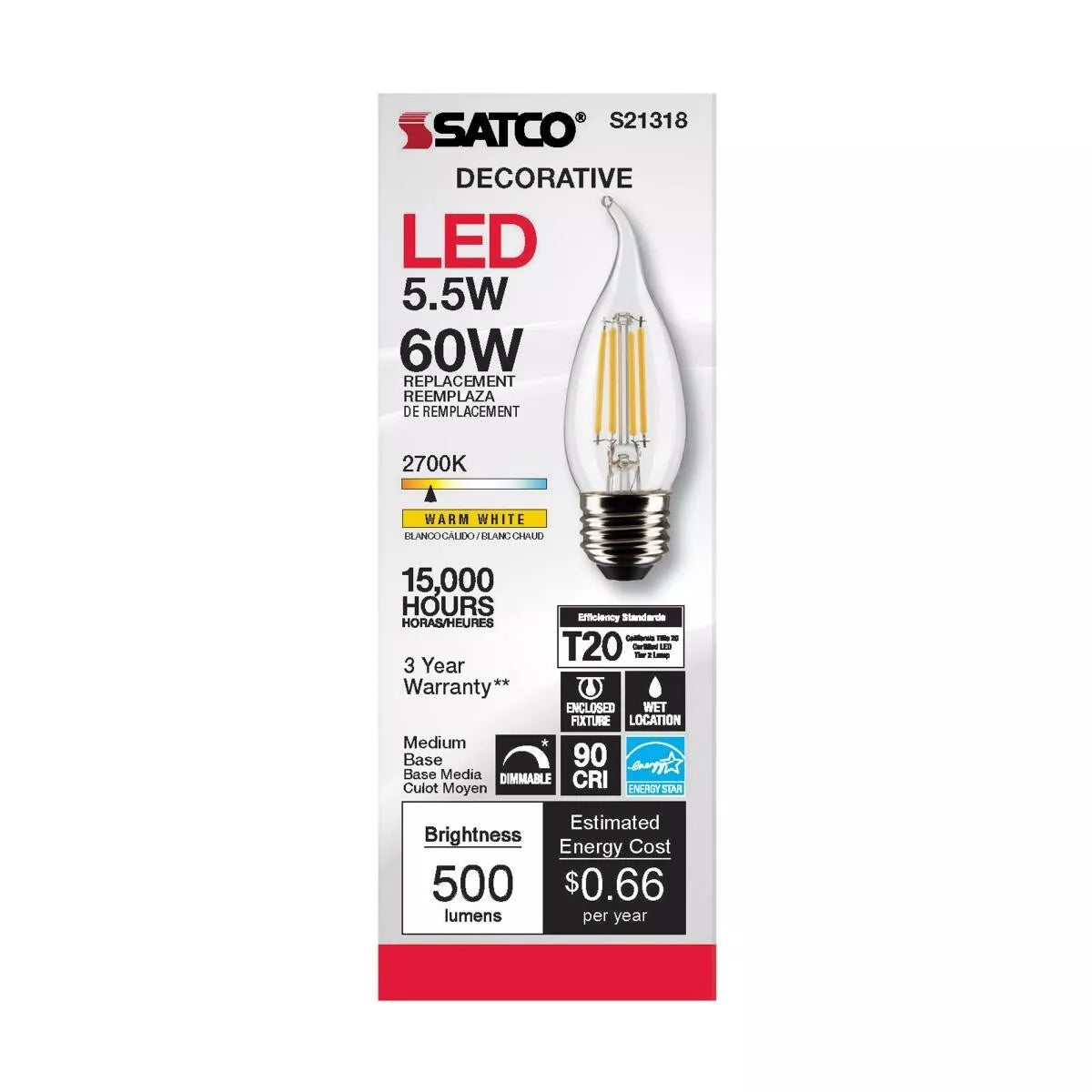 Satco S21318 - 5.5 Watt CA10 LED Light Bulb - 2700K - 90CRI - 120 Volt (6 Pack)