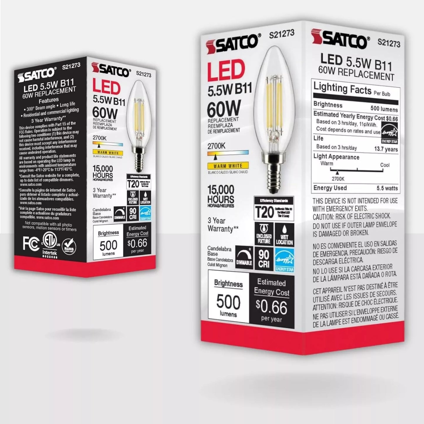 Satco S21273 - 5.5 Watt B11 LED Light Bulb - 2700K - 90CRI - 120 Volt