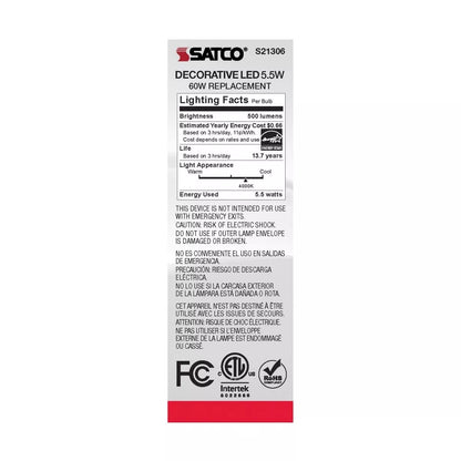 Satco S21306 - 5.5 Watt CA10 LED Light Bulb - 4000K - 90CRI - 120 Volt (6 Pack)