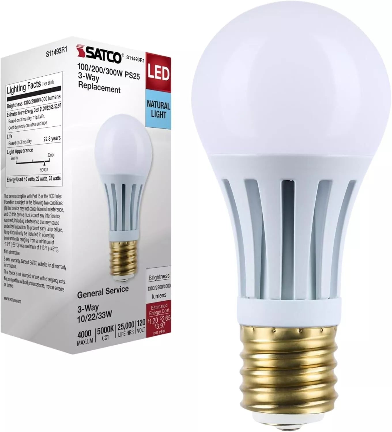 Satco S11493R1 - 10/22/33 Wattage Selectable PS25 LED Three-Way Lamp - E39d Mogul Base - 5000K - White Finish - 120 Volt