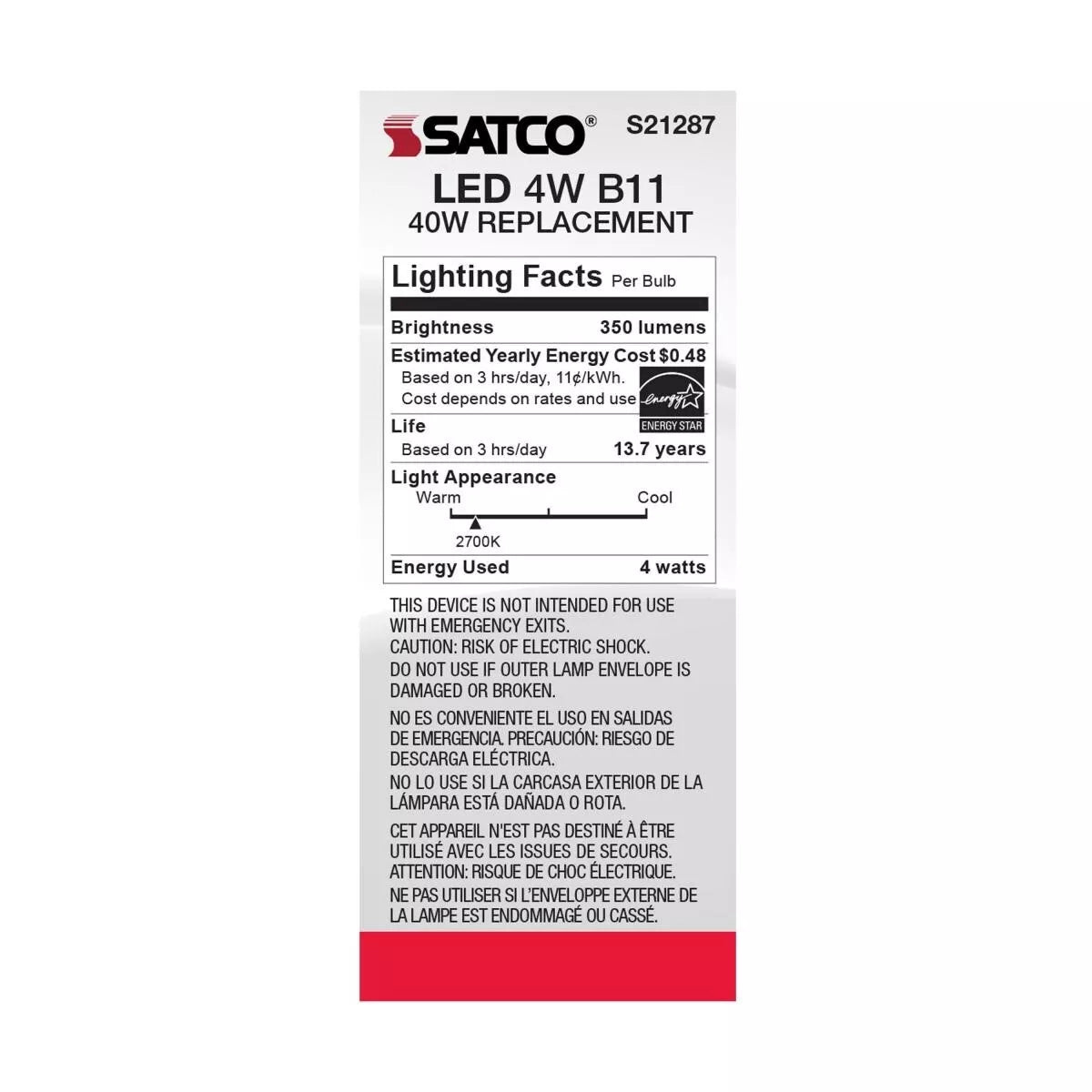 Satco S21287 - 4 Watt B11 LED Frosted Light Bulb - 2700K - 90CRI (6 Pack)