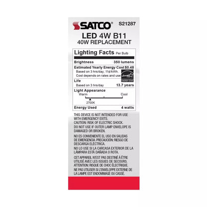 Satco S21287 - 4 Watt B11 LED Frosted Light Bulb - 2700K - 90CRI (6 Pack)