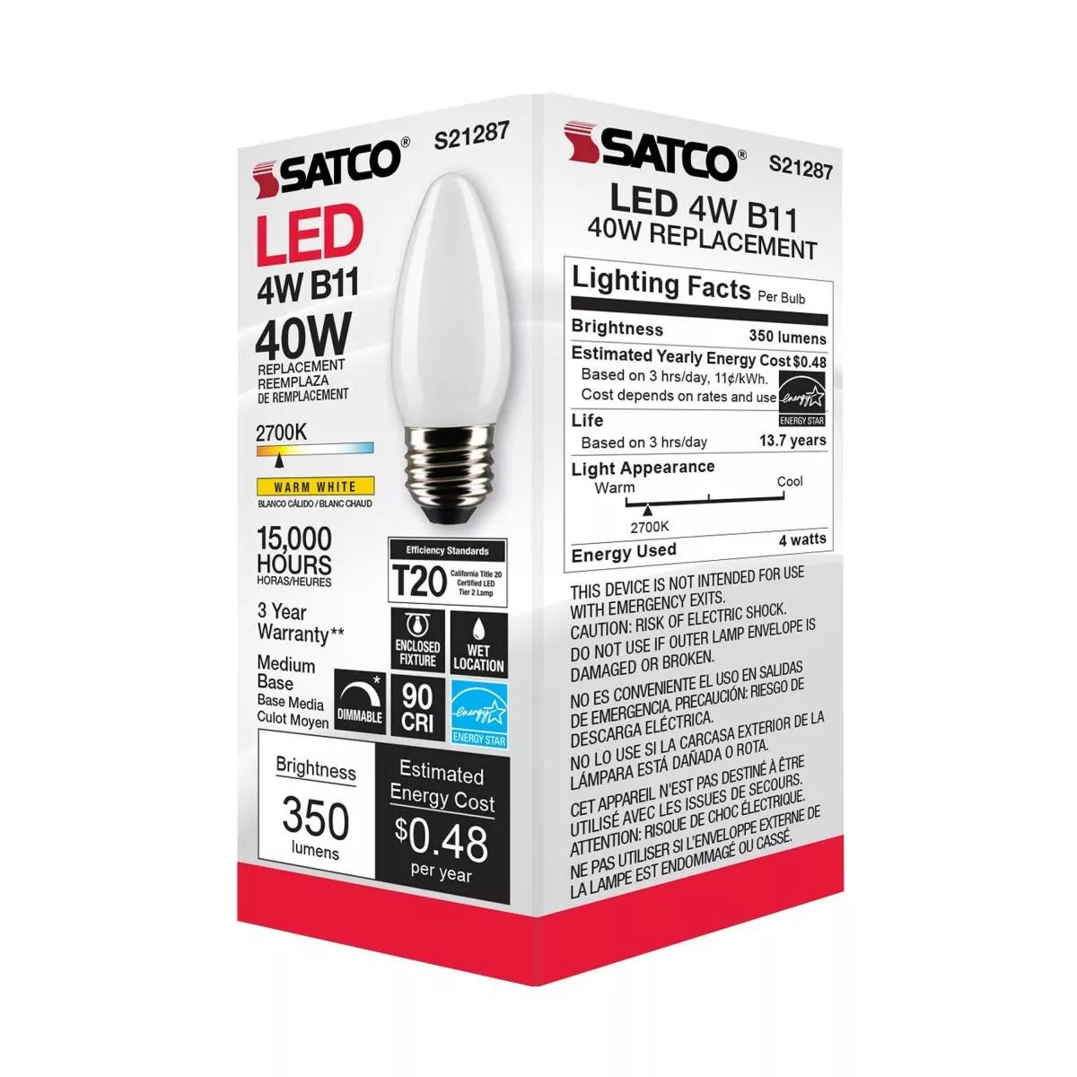 Satco S21287 - 4 Watt B11 LED Frosted Light Bulb - 2700K - 90CRI (6 Pack)