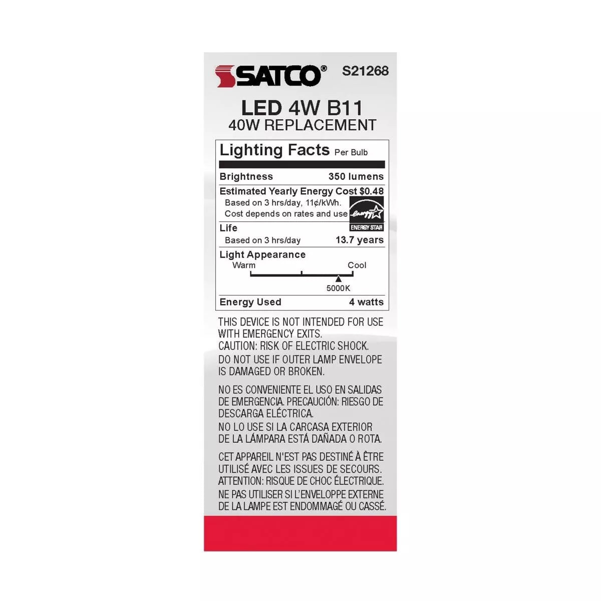 Satco S21268 - 4 Watt B11 LED Light Bulb - 5000K - 90CRI - 120 Volt (6 Pack)