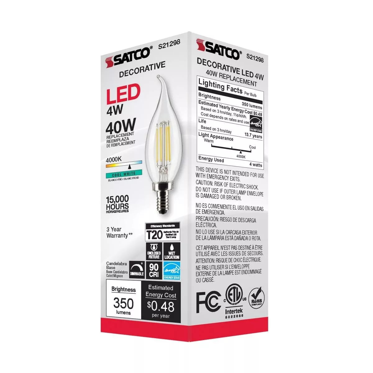 Satco S21298 - 4 Watt CA10 LED Light Bulb - 4000K - 90CRI - 120 Volt (6 Pack)