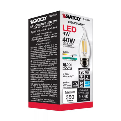 Satco S21314 - 4 Watt CA10 LED Light Bulb - 4000K - 90CRI - 120 Volt (6 Pack)